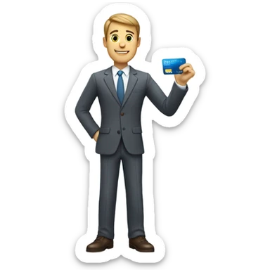 white guy in business casual look showing a credit card  sticker