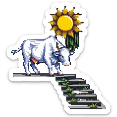 pixel art of a surreal creature combining features of a staircase, a cow, and the sun, with sun rays and steps integrated into the cow’s form sticker