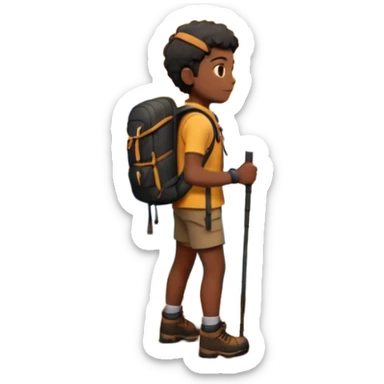 A 3D cartoon hiker silhouette standing on a rocky path at sunset, warm golden light, Memoji-style rendering. inside photo frame. sticker