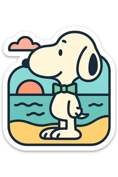 Snoopy, outlined, pastel colors, with a green bowtie, with a beach background sticker