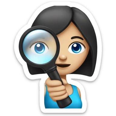 white girl with black hair and blue eyes playing with magnifying glass sticker