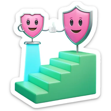 Minimalist 3D emoji-style podium with 2 steps on a green chroma key background. Step 1 (higher) features a handshake icon with blue neon glow. Step 2 (lower) features a smiling tooth with a shield icon and pink neon glow. Clean rendering, soft colors, uniform lighting sticker
