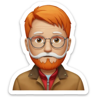 old man, orange hair, white beard, wearing glasses, long face, wearing a red jacket sticker