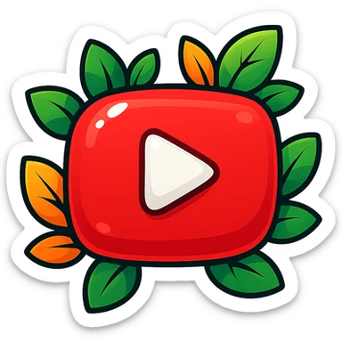Extra rounded, puffy YouTube logo in vibrant toon style with bold outline, strong graphic shadows, bright highlights, decorated with colorful leaves, no background. Extra attention to contours and shine, in the style of the reference image, but even more rounded and flat. sticker
