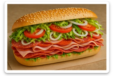 an Italian hoagie sandwich overflowing with meats and veggies, sesame seed bun, bright and inviting sticker