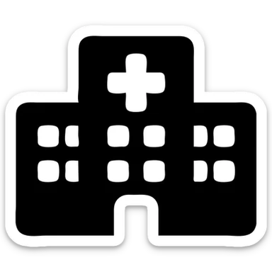 hospital building, clean and modern, medical cross sign, simple icon style sticker