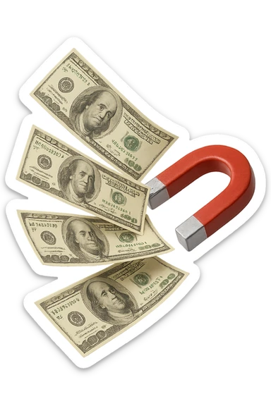 cinque banconote fluttuano in aria attratte da una calamita rossa, iperrealistica 4k, isolato su sfondo bianco sticker