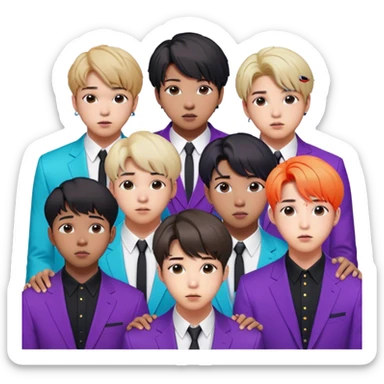 Cinematic Realistic group portrait of BTS featuring all 7 members in stylish modern attire, with detailed facial expressions and vibrant colors, captured in dynamic, contemporary lighting that emphasizes their global pop icon status sticker