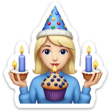 Blueberry Muffin celebrating birthday. Make sure it actually looks like a muffin with candles. Somebody holding it with party hat  sticker