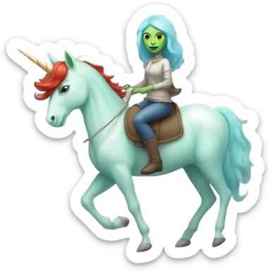 [politically incorrect
	{ woman: alien, color: light green, hair:red, eyes:cat} ]
	on a 
	[{ unicorn: white, legged:four, mane: light blue }] sticker