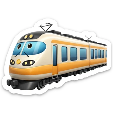 A 3D cartoon passenger train with windows and multiple cars, moving on railway tracks, bright daylight, Memoji-style. sticker