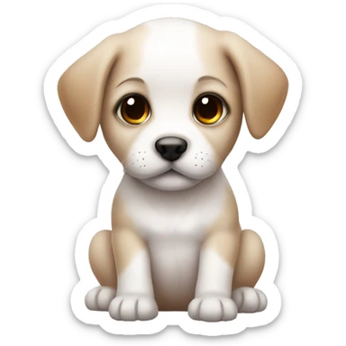 white baby puppy with brown eye patch with blush sticker