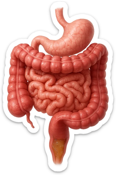 intestino anatomico umano affetto da gastroenterite, diarrea liquida nel colon ben visibile, iperrealistico 4k sticker