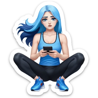 Shameful disappointed crying-very very very very big chest-texting on a samsung cell phone-very long straight flowing black to sky blue hair ombre-blue eyes-black eyeliner-long eyelashes-plastic sparkling sky blue very low cut tank top with sparkling superman logo-black leggings-nike sneakers sticker