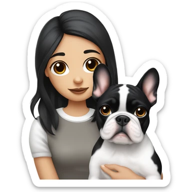 A black-haired girl with white strands near her face holds a French bulldog in her hands, whose muzzle is black and has a white stripe in the middle sticker
