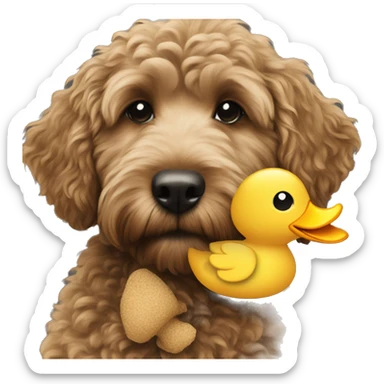 Black golden doodle holding duck stuffed animal sticker