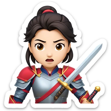 Cinematic Funny Mulan Portrait Emoji, Wearing her training armor too big, looking surprised as a sword nearly topples her over, a mix of warrior determination and hilarious inexperience, a comical yet endearing moment in her transformation! sticker