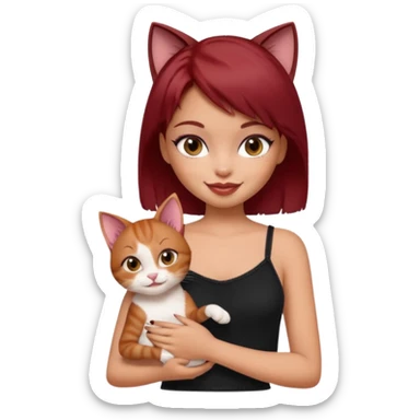 generate a pretty fair bratz girl with short dark red hair holding a cat smiling. Wearing a black cami sticker