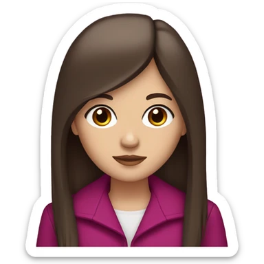 white girl with brown eyes, long straight dark brown hair, curtain bangs, and a magenta jacket sticker