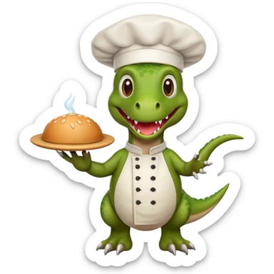 crea un dinorex cocinero alegre con características amigables  sticker