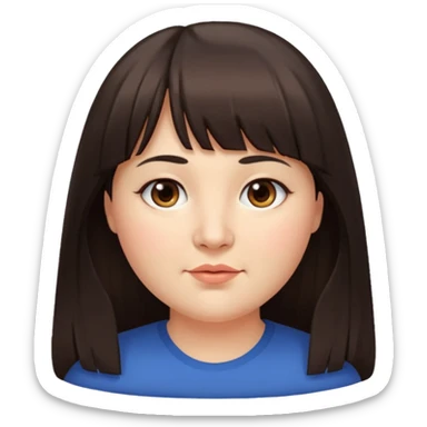 40 yr old woman, long hair down back, very small brown eyes, long hair, straight dark brown hair, bangs, chubby, long face sticker