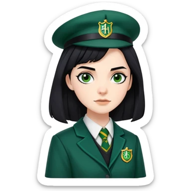 genevieve gaunt is Pansy Parkinson in harry potter, wear hogwarts slytherin uniform, black hair, not wearing hat sticker