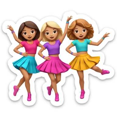 Three 3D cartoon dancers in colorful skirts kicking in rhythm, cheerful pose, bright studio background, Memoji-style. sticker