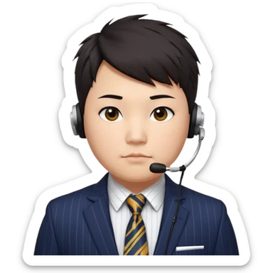 full kind of chubby face, very asian, short dark hair styled upward with a spiked swoop in front, a clean-shaven face, focused eyes, and a slim headset over one ear, wearing a dark pinstripe suit with a patterned dress shirt and a bright solid-colored tie visible from the chest up. sticker