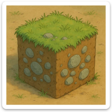 ghibli style brown cube with small gray stones inside and green grass on top sticker