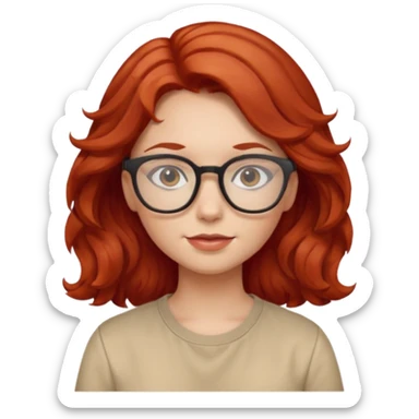 girl wear glasses, wavy red hair, beige shirt\ sticker