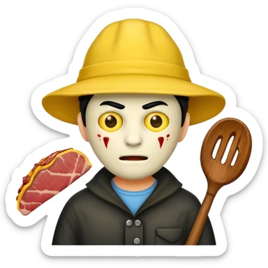 scary evil man look like from friday 13th with the yellow hat and meat khife sticker