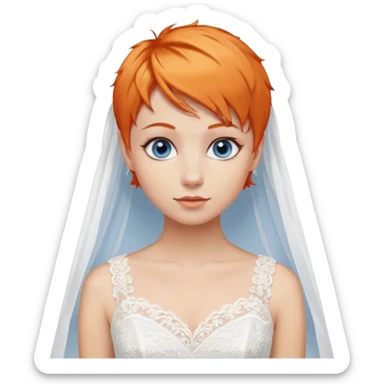 27 year old woman, orange hair, pixie cut, blue eyes, wedding dress sticker