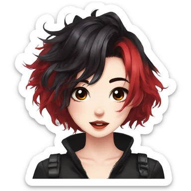 Gorgeous anime style lady with blushing face aesthetic and pretty edgy black red punk hair with hair garment trending style sticker
