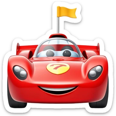A red toy race car with a happy smiling face on the front sticker