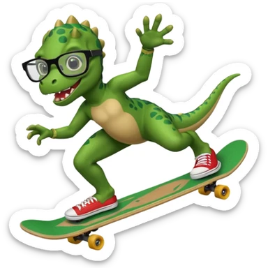 Dinosaur with glasses doing a kick flip on a skateboard sticker