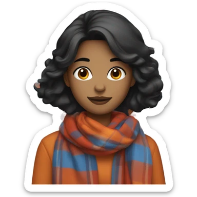 woman with black hair wearing an orange, blue, red, plaid scarf sticker