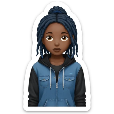 make a black girl with short pitch black locs wearing a denim hoodie with black sleeves sticker