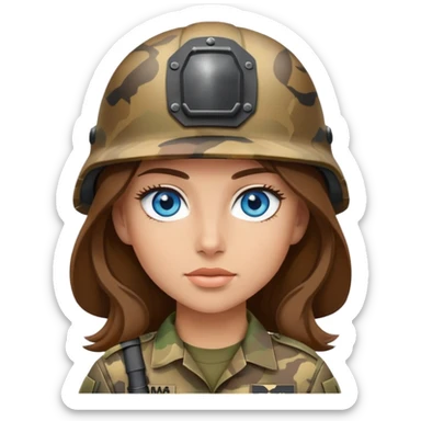 army girl blue eyes long brown hair camo helmet sticker
