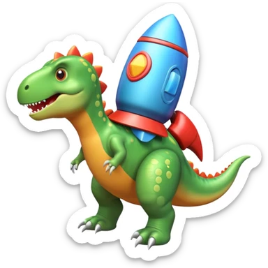 cute toy-like rocket-propelled dinosaur, rounded shapes, glossy texture, colorful rocket backpack, happy expression, 3D cartoon, mobile game icon style, clean background, no text, no watermark
 sticker