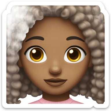 Girl with brown eyes, dark skin, and long black curly hair wearing light pink sticker