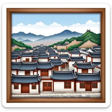 Cinematic Realistic Bukchon Hanok Village Landmark Emoji, depicted with traditional Korean houses set against a scenic backdrop rendered with detailed textures and warm, inviting lighting. sticker