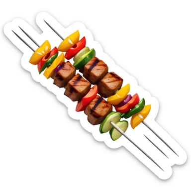 Cinematic Realistic Shish Kebab Dish Emoji, showcasing skewered, grilled meat with vibrant vegetables rendered with dynamic textures and warm, inviting lighting. sticker