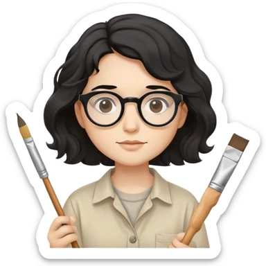 Artist with wavy black hair, round glasses, beige painter's shirt, square paintbrush in hand sticker
