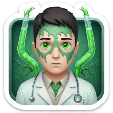 laboratory mutant portrait, head and shoulders only, glowing green veins, torn lab coat collar, mutated eyes, sci-fi experiment vibe, 3D cartoon, mobile game icon style, clean background, no text, no watermark

 sticker