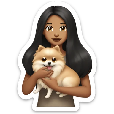 A girl with long black hair, light brown eyes, big lips, fair skin, holding a light pomeranian in her hands sticker