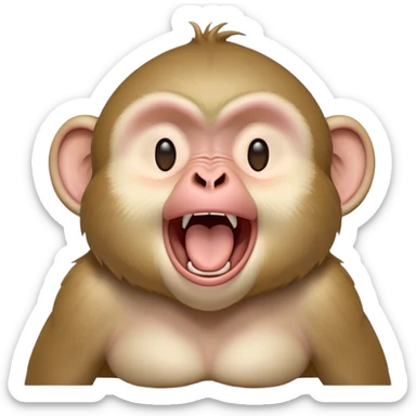 Cinematic Cute Yawning Macaque Portrait Emoji, Head tilted slightly with a dramatic, wide-open yawn, showcasing a gently textured face with half-closed, sleepy eyes and an open, relaxed mouth, Simplified yet irresistibly adorable features, highly detailed, glowing with a soft, cozy glow, high shine, relaxed yet expressive, stylized with a dash of whimsical charm, soft glowing outline, capturing the essence of a drowsy yet affectionate primate that appears ready to stretch out for a nap! sticker