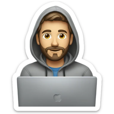 A project manager in a gray hoodie and with a short beard in front of an apple laptop sticker