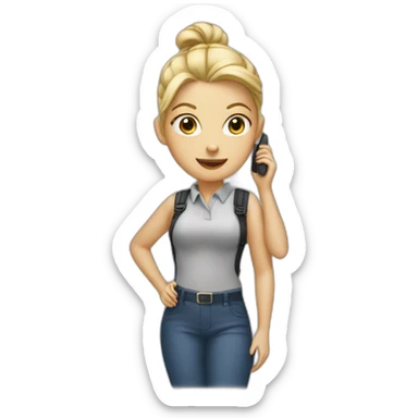 girl with her blonde hair in a bun and a walkie talkie sticker