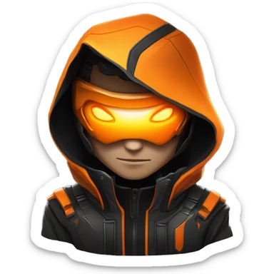  developer behind his laptop with this style : crysis Cyberpunk Valorant orange glowing bright orange character orange black hooded assassin themed character sticker