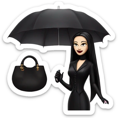 Fun Morticia Addams at a rainy funeral holding umbrella. funeral mask,gloves, small purse.Gal on the Go Barbie  sticker